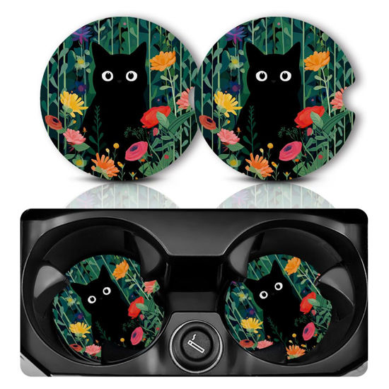 Picture of Car Coasters for Cup Holders，Car Cup Holder Coasters, 2 Pack Cup Holder Coasters for Car, Anti Slip Rubber Car Cup Mat with A Finger Notch, Cute Car Interior Accessories for Women2.75"Flower Balck Cat
