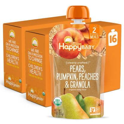 Picture of Happy Baby Organics Stage 2 Baby Food Pouches, Gluten Free, Vegan & Healthy Snack, Clearly Crafted Fruit & Veggie Puree, Pumpkin, Peaches & Granola, 4 Ounces (Pack of 16)