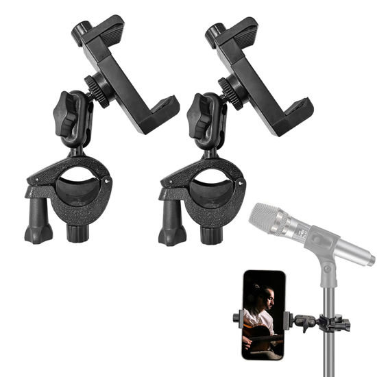 Picture of 2 Pack Microphone Stand Phone Holder, JCWNIY Universal Mic Stand Phone Holder Adjustable 360° Swivel Phone Holder for Mic Stand Phone Clip Clamp Mount for iPhone, Android, Any Smartphones