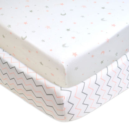 Picture of American Baby Company 2 Pack Fitted Crib Sheets 28" x 52", Soft Breathable Neutral 100% Cotton Jersey Sheet, Pink Stars/Zigzag, for Boys and Girls, Fits Crib and Toddler Bed mattresses