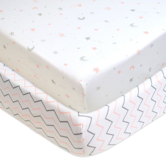 Picture of American Baby Company 2 Pack Fitted Crib Sheets 28" x 52", Soft Breathable Neutral 100% Cotton Jersey Sheet, Pink Stars/Zigzag, for Boys and Girls, Fits Crib and Toddler Bed mattresses