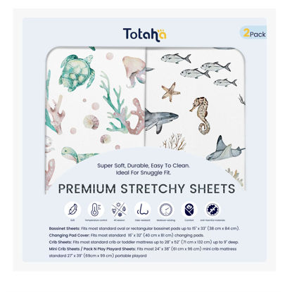 Picture of TotAha Crib Sheets for Boys Girls, Premium Soft Crib Mattress Fitted Sheet, Super Stretchy Jersey Knit Baby Sheets, Silky Comfort Baby Bed Sheets 28x52x9 Extra Deep Pocket, 2 Pack (Sea Animal)