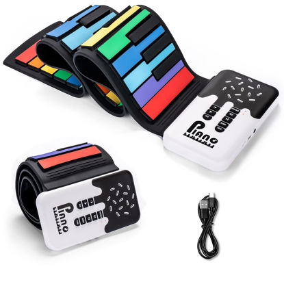 Picture of POGOLAB 49 Key Roll Up Keyboard Piano, Portable Digital Electric Foldable Piano Keyboard, Rechargeable, 8 Tones, 6 Educational Demo Songs, for Beginners Gift (Rainbow)