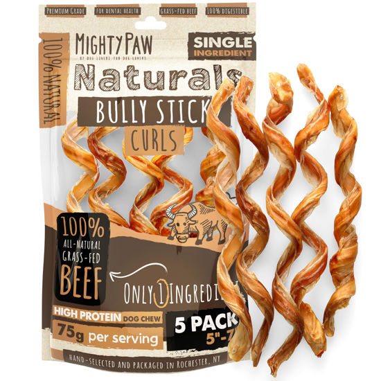 Picture of Mighty Paw Naturals Curly Bully Sticks for Dogs - Grass Fed Beef Dog Chews. Dog Bully Sticks for Large Dogs, Medium, Small Breeds. Lower Odor Bully Sticks for Small Dogs. Single Ingredient 6” - 5 Pack