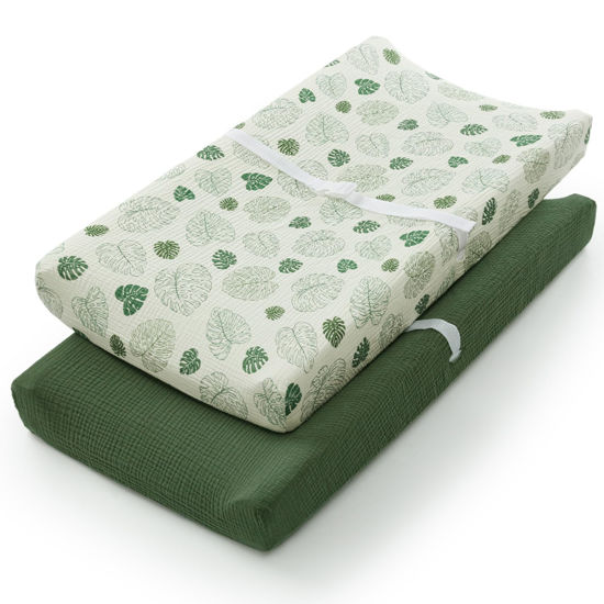 Picture of Blissful Diary Muslin Changing Pad Cover for Girls Boys, Ultra Soft Breathable Cotton, Baby Diaper Change Table Pad Covers, 2Pack (Monstera Leaves&Dark Green)