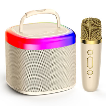 Picture of JYX Mini Karaoke Machine for Kids - Beige Bluetooth Speaker with Party Lights and 1 Wireless Microphone, Great for Kids and Adults, Ideal for Family Home Parties and Birthday