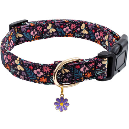 Picture of Faygarsle Cotton Designer Dogs Collar Cute Flower Dog Collars for Girl Female Small Medium Large Dogs with Purple Flower Charms L