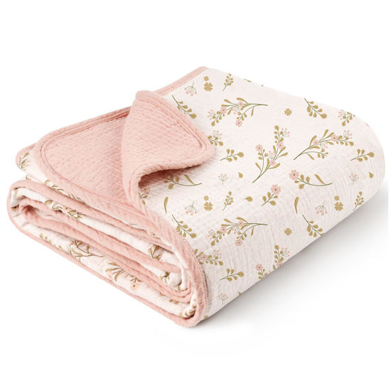 Picture of Konssy Muslin Baby Blankets for Girls Boys, 100% Cotton Crib Blanket for Infant Toddler, Super Soft and Lightweight Nursery Swaddling Wrap 40"x36" (Floral)