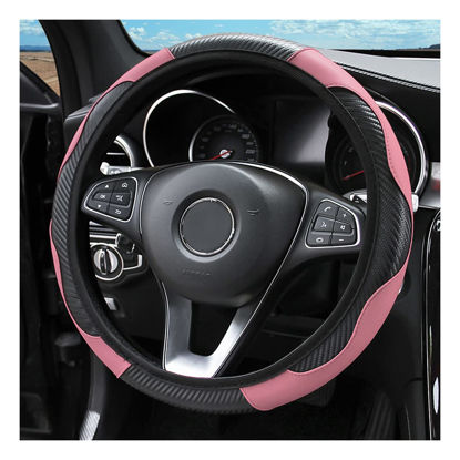 Picture of Car Steering Wheel Cover, Microfiber PU Leather Elastic Carbon Fiber Auto Steering Wheel Protector, 15 Inch Breathable Anti-Slip for Women Men, Car Interior Accessories for Most Cars (Black/Pink)