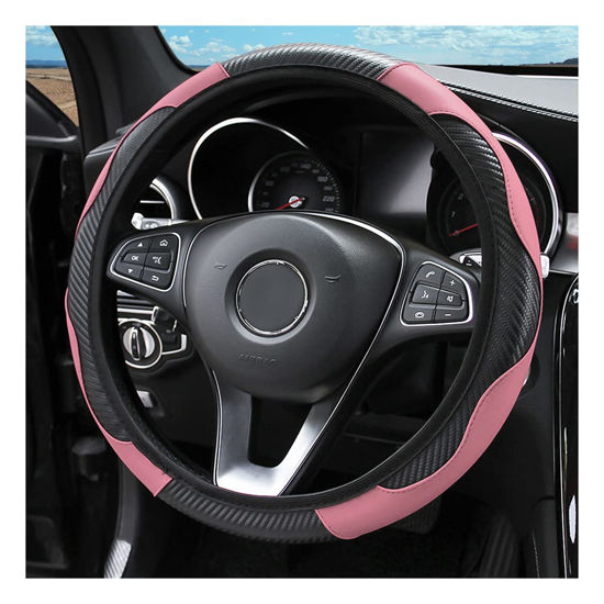Picture of Car Steering Wheel Cover, Microfiber PU Leather Elastic Carbon Fiber Auto Steering Wheel Protector, 15 Inch Breathable Anti-Slip for Women Men, Car Interior Accessories for Most Cars (Black/Pink)