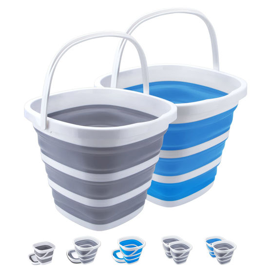 Picture of 2 Pack Collapsible Buckets 10L 2.6 Gallon Cleaning Bucket Mop Bucket Folding Foldable Portable Small Plastic Water Supplies for Outdoor Garden Camping Fishing Car Wash Space Saving Square Grey Blue