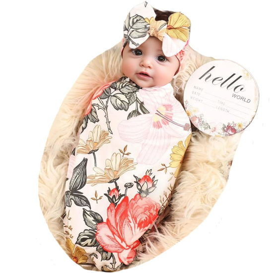 Picture of Galabloomer Newborn Receiving Blanket Headband Set Flower Print Baby Swaddle Blankets (Garden Flower)
