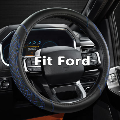 Picture of West Llama Customized Auto Car Steering Wheel Cover for Ford F-150, F-250, F-350, Expedition(Diamond Quilted - Black+Blue)