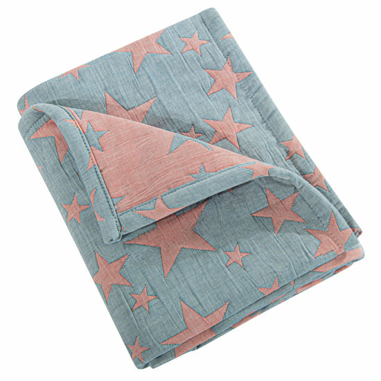 Picture of NTBAY 3 Layer Toddler Blanket, Muslin Cotton Jacquard Bed Blankets, Lightweight Thermal Baby Blanket, Super Soft and Warm Crib Blanket for All Seasons, Decoration Gift, 30"x40", Red and Blue Star