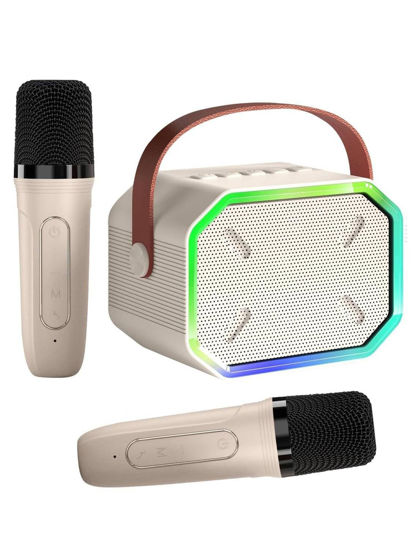 Picture of Karaoke Machine for Kids and Adults, Mini Portable Bluetooth Speaker with 2 Wireless Microphones, Led Lights for TV, Kids Gifts for Girls Boys Family Party Birthday (Beige)