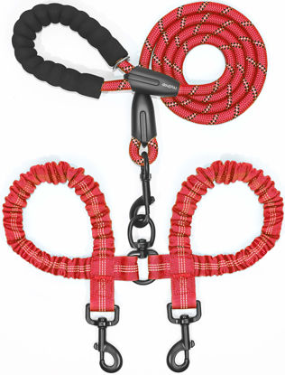 Picture of iYoShop Dual Dog Leash, Double Dog Leash, 360 Swivel No Tangle Walking Leash, Shock Absorbing Bungee for Two Dogs, Red, Large (25-150 lbs)