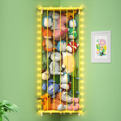 Picture of GGUO Corner Stuffed Animal Storage Toy Organizer - Stuffed Animals Holder with LED Light - Large Corner Kids Plushies Toys Storage with Adjustable Length for Nursery Playroom Bedroom (Yellow)