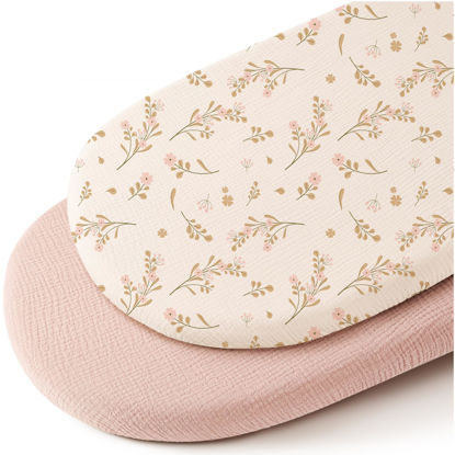 Picture of Konssy Muslin Bassinet Sheets for Baby Girl Boy, 2 Pack Soft Breathable Baby Bassinet Mattress Sheets Fit for Hourglass Oval Cradle, Moses Basket Rectangle Mattress (Floral, Pink)