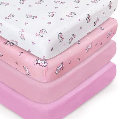 Picture of Crib Sheets Girl 4-Pack, Fitted Crib Sheets 52'' x 28'' for Standard Crib & Toddler Mattress, Soft and Breathable Material, Baby Girl Crib Sheets Neutral, Pink