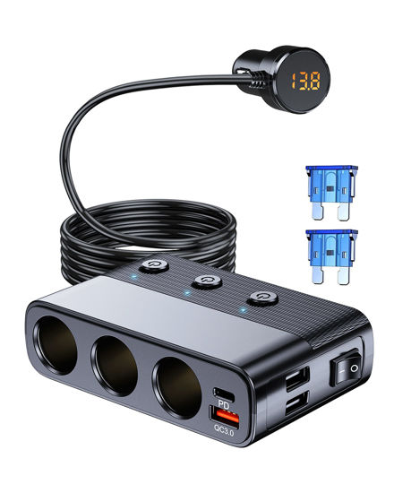 Picture of 7 in 1 Cigarette Lighter Splitter, LIHAN 3 Socket Car Charger Adapter, Type-C QC3.0 PD 30W Charging, Dual USB Charging Ports, Independent Switches, LED Voltmeter, Plug Outlet 12V/24V(3.3ft Cable)