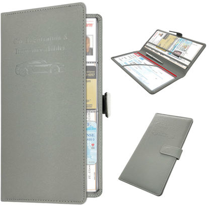 Picture of RSAquar Car Registration and Insurance Holder, Leather Car Glove Box Organizer, Cool Car Accessories for ID, Driver's License Cards & Essential Document, Men&Women, Gray