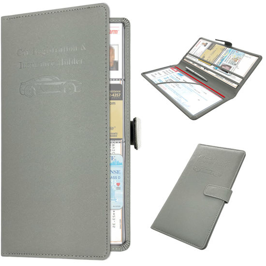 Picture of RSAquar Car Registration and Insurance Holder, Leather Car Glove Box Organizer, Cool Car Accessories for ID, Driver's License Cards & Essential Document, Men&Women, Gray