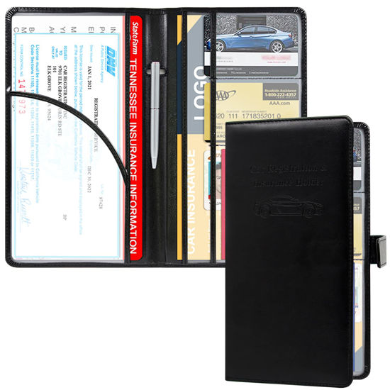 Picture of RSAquar Car Registration and Insurance Holder, Leather Car Glove Box Organizer, Cool Car Accessories for ID, Driver's License Cards & Essential Document, Men&Women, Black