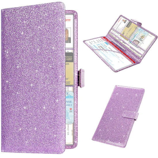 Picture of RSAquar Car Registration and Insurance Holder, Vehicle Car Glove Box Organizer, Cool Car Accessories for ID, Driver License Cards & Essential Document, Men&Women, Purple Glitter