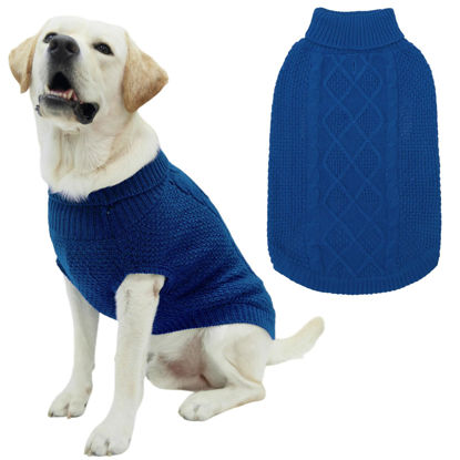 Picture of Mihachi Turtleneck Dog Sweater - Winter Coat Apparel Classic Cable Knit Clothes with Leash Hole for Cold Weather, Ideal Gift for Pet in New Year Royal Blue M-Largel