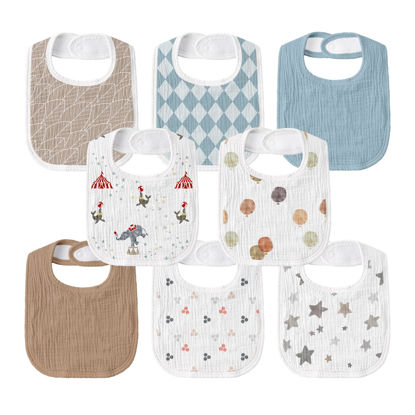 Picture of GLLQUEN BABY Muslin Drool Bibs for Boys Girls 8 Pack, Adjustable Baby Bibs for Drooling and Teething, Soft Cotton Baby Bandana Bibs for Newborn Feeding Essentials(Circus)