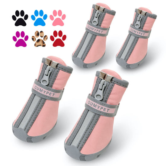 Picture of QUMY Dog Shoes for Small Dogs, Puppy Dog Boots & Paw Protectors for Winter Snowy Day, Summer Hot Pavement, Waterproof in Rainy Weather, Ourdoor Walking, Indoor Hardfloors Skid-Resistant Sole Pink 1