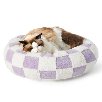 Picture of Lesure Cat Beds for Indoor Cats - Round Cat Bed Donut Small Dog Bed Calming Pet Beds, Cute Modern Beds with Jacquard Shaggy Plush & Anti Slip Bottom, 20 Inch, Purple