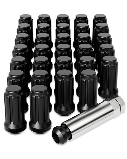 Picture of Orion Motor Tech M14x1.5 Lug Nuts Black with Spline Tuner, XL 2 inches Length with Cone Seat, Compatible with Ford F250 F350 Super Duty, Chevy Silverado 1500 2500HD and GMC Sierra, Set of 32