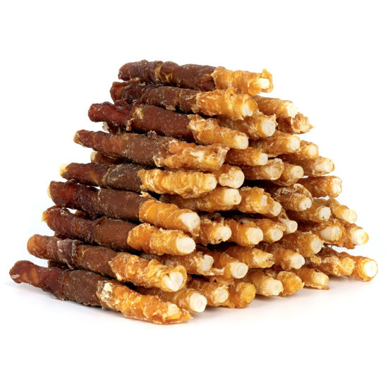 Picture of MON2SUN Dog Treats, Triple Flavor 5 Inch Chicken Liver Duck and Chicken Wrapped Rawhide Snacks for Small and Medium Dogs, 31.75 Oz (45 Count-Pack of 1)