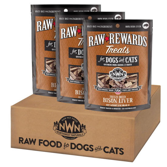 Picture of Northwest Naturals Raw Rewards Freeze-Dried Bison Liver Treats for Dogs and Cats - Bite-Sized Pieces - Healthy, 1 Ingredient, Human Grade Pet Food, All Natural - 3 Oz (Pack of 3)