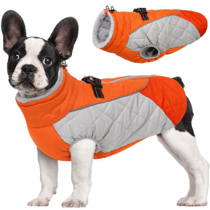 Picture of AOFITEE Dog Coat, Warm Dog Jacket Dog Winter Coats, Reflective Turtleneck Dog Fleece Vest with Harness Built in, Waterproof Windproof Dog Snow Jacket Snowsuit for Small Medium Large Dogs, Orange S