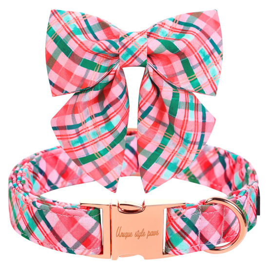 Picture of Unique style paws Dog Collar with Tie Pink & Green Plaid Dog Collar Best Gifts for Small Medium Large Dogs -L