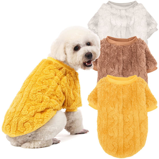 Picture of JAMPAYANG Dog Sweater, 3 Pack Dog Sweaters for Small Dogs or Cats, Girl or Boy, Warm Dog Clothes Shirt Coat for Winter Christmas (Beige, Coffee, Yellow, Medium)