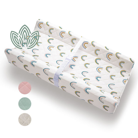 Picture of Organic Cotton Contoured Baby Changing Pad w/Waterproof Foam Mattress, Includes Soft, Removable & Washable Cover, Safety Strap, Non-Slip Bottom, Topper for Standard Size Infant Diaper Table & Dresser