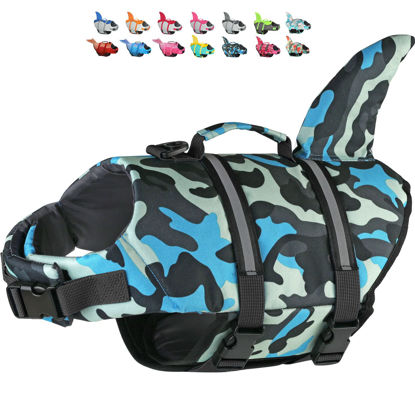 Picture of Dogcheer Dog Life Jacket Shark, Ripstop Dog Life Vest for Swimming Boating with Reflective Stripes & Rescue Handle, High Buoyancy Pet PFD Swim Vest for Small Medium Large Dogs(Camo blue, L)