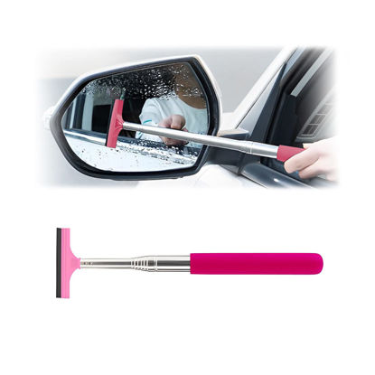 Picture of Car Rearview Mirror Wiper, Retractable Auto Glass Squeegee, Water Cleaner with Telescopic Long Rod, Portable Cleaning Tool for All Vehicles, Universal Automotive Accessories (Pink)