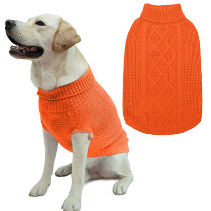 Picture of Mihachi Turtleneck Dog Sweater - Winter Coat Apparel Classic Cable Knit Clothes with Leash Hole for Cold Weather, Ideal Gift for Pet in New Year Orange Large