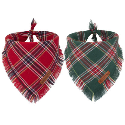 Picture of ADOGGYGO Christmas Dog Bandanas with Tassels Edges, Stylish Red Green Plaid Dog Christmas Scarf Bib, Multiple Sizes Offered, Pet Christmas Bandanas for Small Dogs (Christmas, Small)