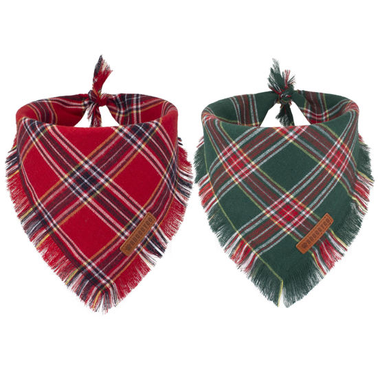 Picture of ADOGGYGO Christmas Dog Bandanas with Tassels Edges, Stylish Red Green Plaid Dog Christmas Scarf Bib, Multiple Sizes Offered, Pet Christmas Bandanas for Small Dogs (Christmas, Small)