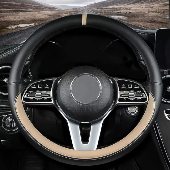Picture of Custom fit for Mercedes Benz Car Steering Wheel Cover, Nappa Leather Car Steering Wheel Cover Non-Slip Steering Wheel Cover, Designed for Mercedes Benz Interior Accessories (Beige,for Mercedes Benz)