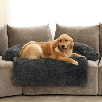 Picture of Calming Dog Bed Fluffy Plush Dog Mat for Furniture Protector with Removable Washable Cover for Large Medium Small Dogs and Cats (Extra Large(53x39.3x6), Dark Grey)