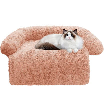 Picture of GGIB Calming Dog Bed Fluffy Plush Dog Mat for Furniture Protector with Removable Washable Cover for Large Medium Small Dogs and Cats (XS (31"x23.5"x5"), Pink)