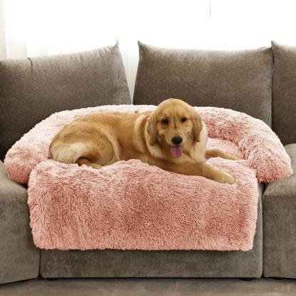 Picture of GGIB Calming Dog Bed Fluffy Plush Dog Mat for Furniture Protector with Removable Washable Cover for Large Medium Small Dogs and Cats (Extra Large (53x39.3x6), Pink)