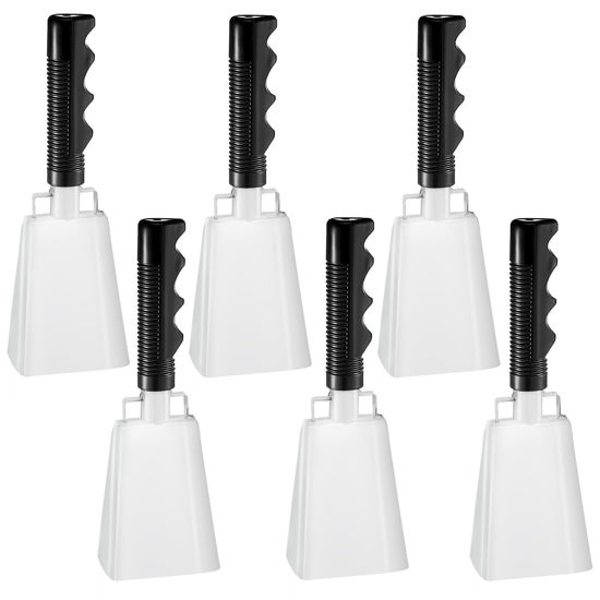 Picture of 6 Pcs Metal Cowbell with Handle, FOVERN1 Large Loud Cow Bells Noise Makers for Football Games, Sporting Events, New Year’s Eve, Celebrating and More (White)