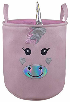 Picture of 19.7 Inches Large Laundry Basket Waterproof Round Cotton Linen Collapsible Storage bin with Handles for Hamper,Kids Room,Toy Storage (Silver unicorn)